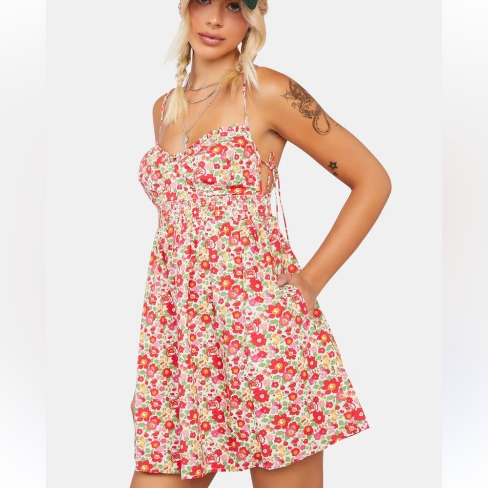 For Love & Lemons Auden Colorful Floral Strappy Mini Dress Size Large